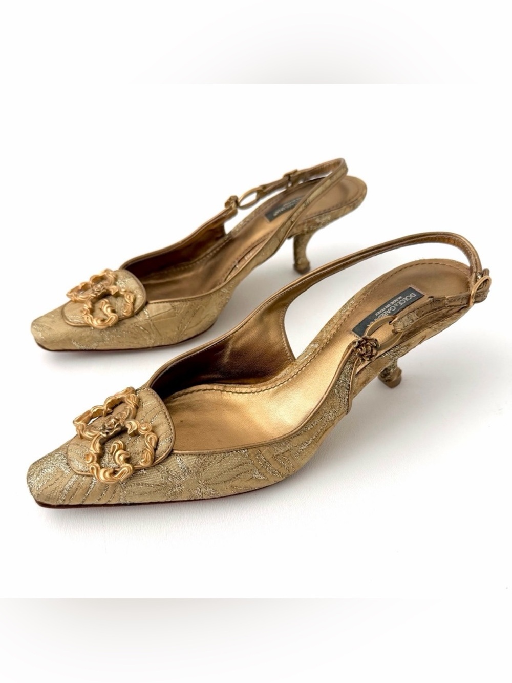 Dolce & Gabanna DG Gold Borcade VTG Slingback Kitten Heels 39.5